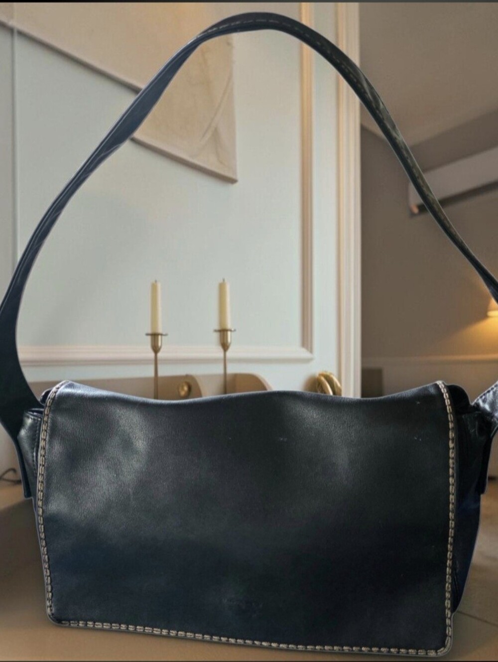 EUC MARCO BUGGIANI VTG Black Leather Full Front Flap with Top Stitching Satchel